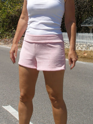 Sewing with Knits - bubblegum pink stretch velour yoga shorts from So Sew Easy.