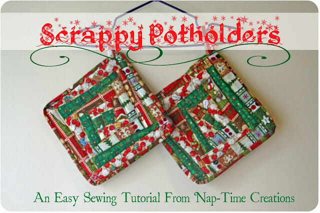 Scrappy potholders tutorial. These use scraps of Christmas fabric, but you could use any small pieces for these pretty but practical potholders.
