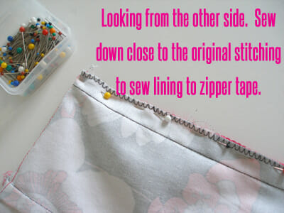 Sew a skirt lining with zipper.  How to finish by machine with no hand sewing and no visible stitching on the inside.  Part of the Sew A Skirt beginners series from So Sew Easy.