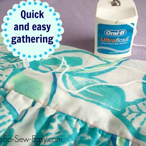 At last! A quick and easy way to gather long pieces of fabric with out breaking the gathering threads, ever. The secret is in the dental floss!