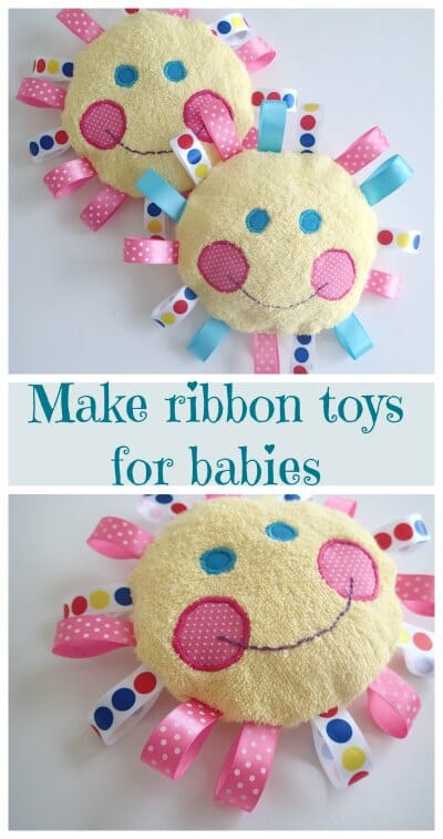 Easy and quick to make terry and ribbon baby toy. Could use an old towel too.