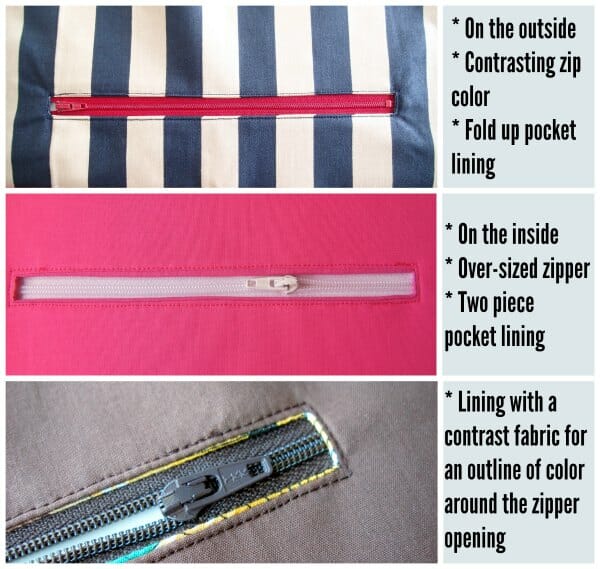 Tips and video on how to add a zipper pocket to the inside or outside of a bag pattern.