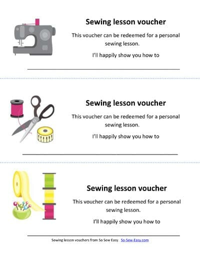 Printable sewing lesson vouchers. Give someone the gift of your time and experience. Fun idea for the holidays.