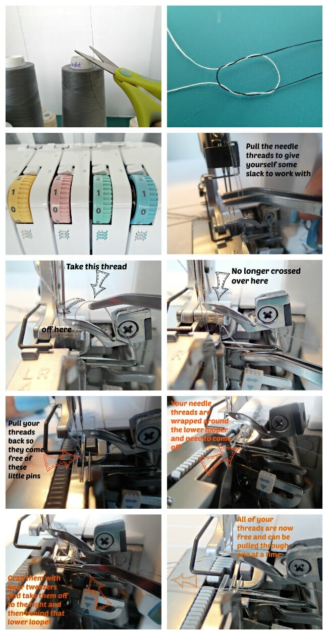 Step by step in close up video on how to change our your colors without rethreading for the Brother 1034D serger