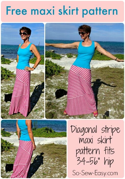 Free sewing pattern for this diagonal striped maxi skirt.  Of course it doesn't have to be striped but it looks great either way!