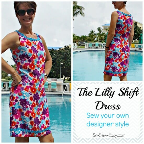 Sew your own designer dress using the simple Lilly Shift Dress pattern. Ideas for designer style embellishments.