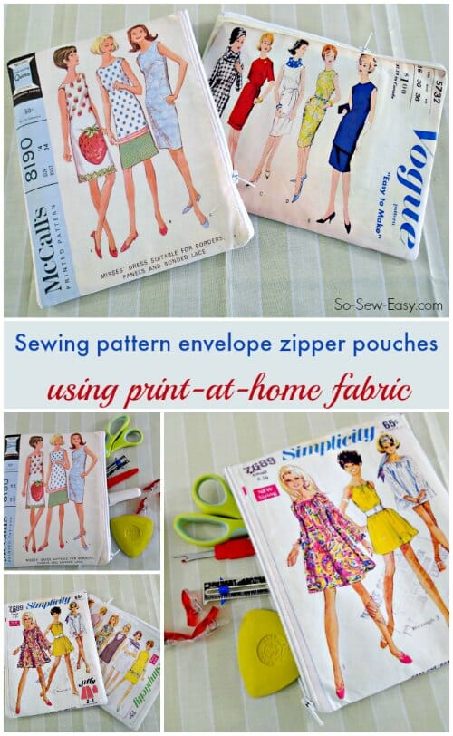 I HAVE to make me one of these. Print your own fabric with a sewing pattern envelope and make your own sewing pattern zipper pouch. NEED IT!