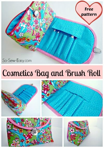 Free pattern and video tutorial to make this cute cosmetics bag with brush roll attached.