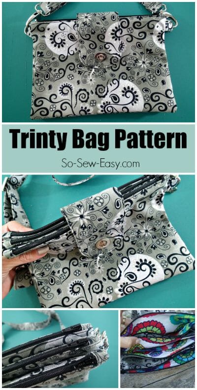 The Trinity Bag is a triple zipper pouch all joined together and closed with a flap and with a removable strap. I've never seen a pattern for a bag like this before - I need one!