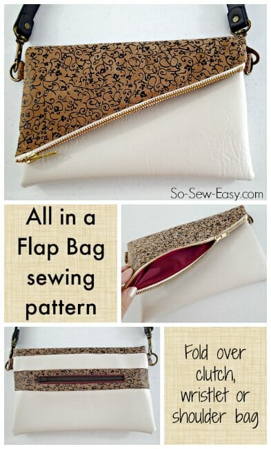 All in a Flap fold over clutch bag with options for shoulder or wrist strap. Easy to sew, uses very little fabric, instructions for using vinyl/suede etc too.