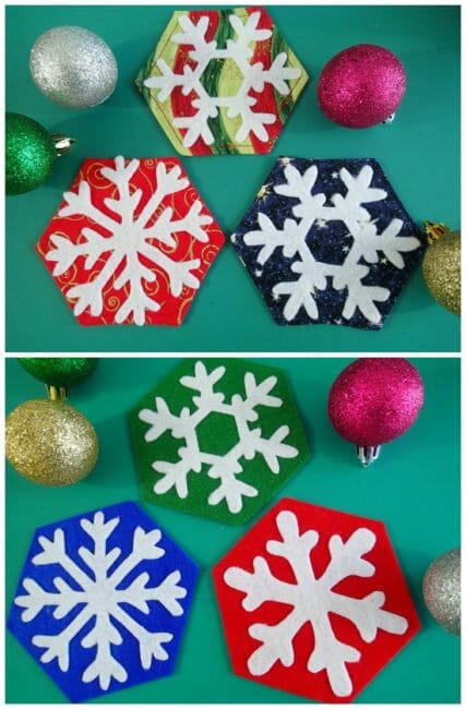 Quick and easy snowflake coasters to sew in either fabric or no-sew in felt too. Fun kids activity or ideal hostess gifts too.