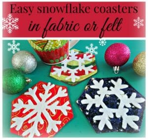 Quick and easy snowflake coasters to sew in either fabric or no-sew in felt too. Fun kids activity or ideal hostess gifts too.