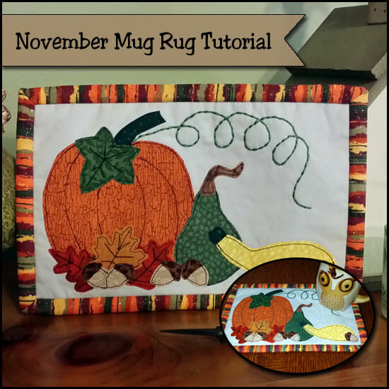 Sew this Autumn Harvest mug rug pattern. Nice for Thanksgiving tables too.