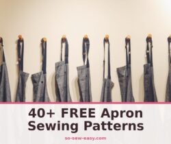 Forty plus free apron sewing patterns titled hero image with aprons hanging on a wall